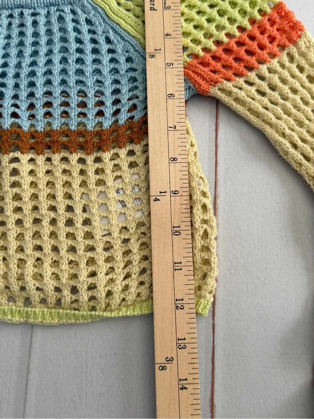 Urban Outfitters Open Knit Crochet Bell Sleeve Crop Sweater SP Boho Colorblock - Picture 8 of 9